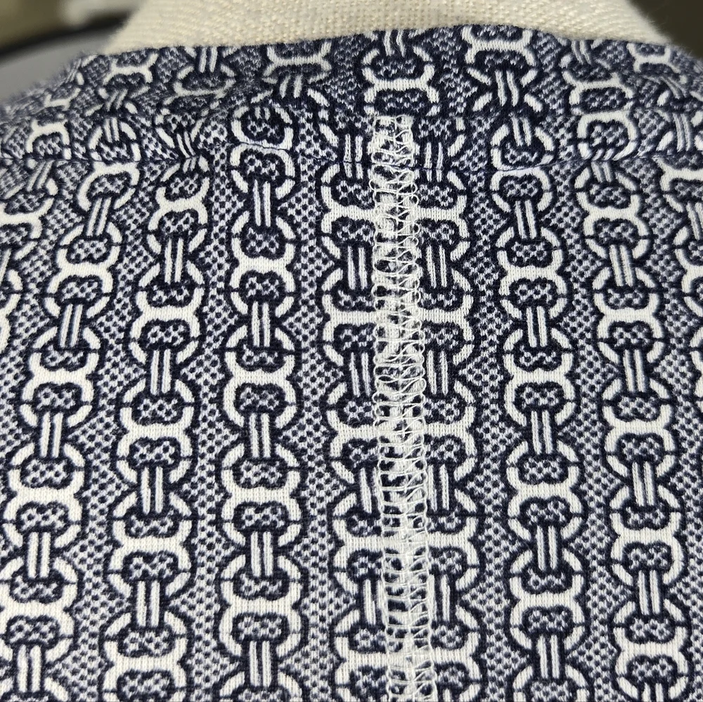 Tory Burch Knit Top Small Navy White Link Print T-shirt Red Metal Logo Womens